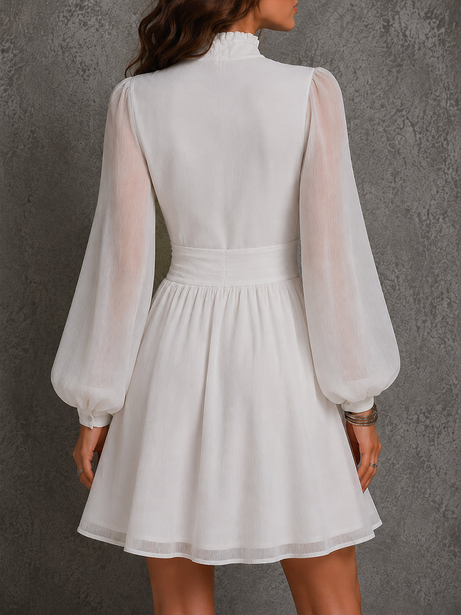 Vintage Front Zipper Chiffon Mini Dress With Lantern Sleeves