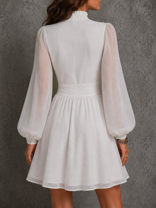 Vintage Front Zipper Chiffon Mini Dress With Lantern Sleeves