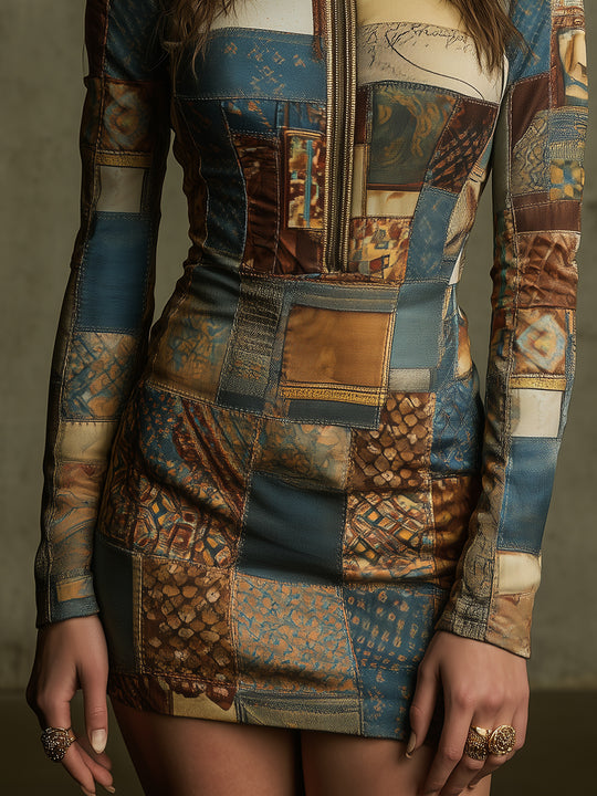 Bohemian Retro Printed Knitted Half-zip Slim Mini Dress