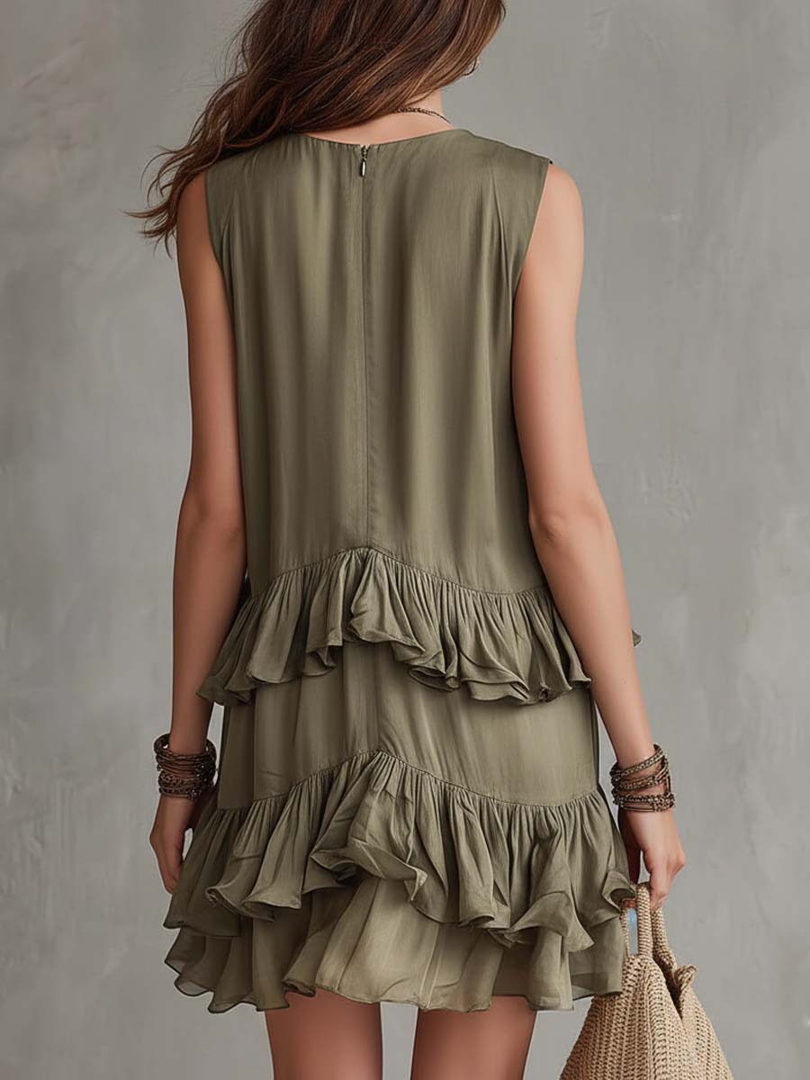 Boho Vintage Olive Ruffle V-Neck Tencel Mini Dress