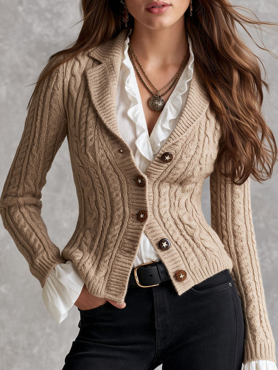 Quiet Luxury Cable Knit Tailored Suit Cardigan With Wooden Star Buttons