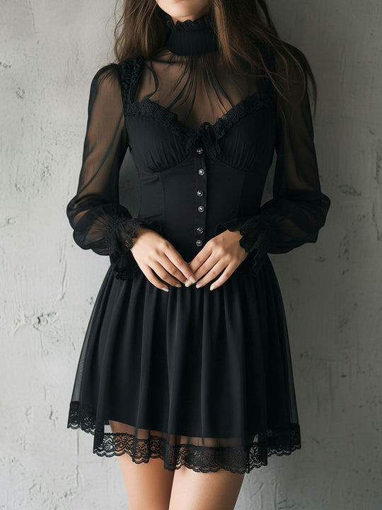 High-Neck Black Sheer Lace Mini Dress With Buttons