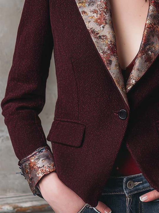 Chenille Herringbone Tailored Blazer With Printed Contrast Lapels And Cuffs