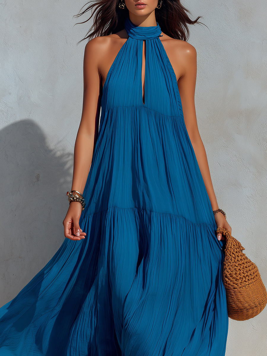 Holiday Ruffled Hem Keyhole Collar Maxi Dress