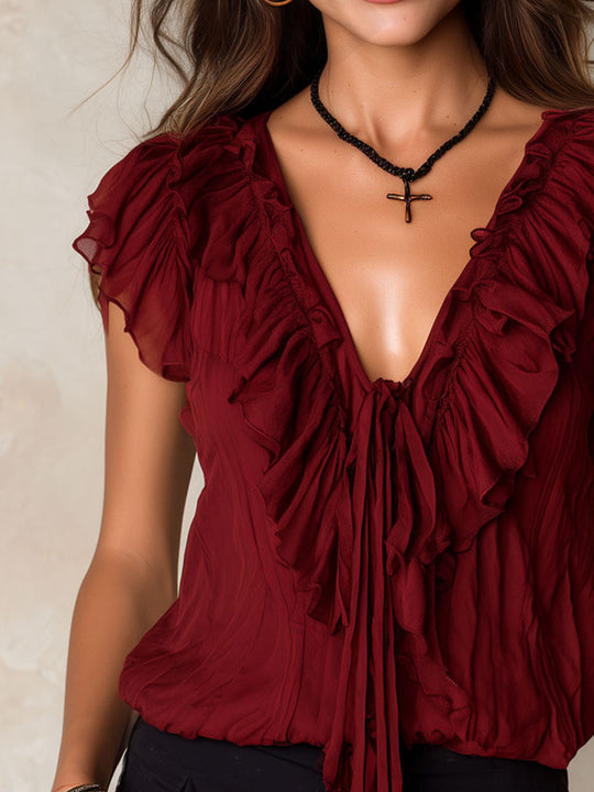 Retro Burgundy Ruffled Chiffon Flutter Sleeve Blouse