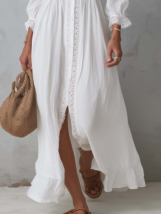 Vintage Cotton Linen Lace-trimmed Shirt Midi Dress