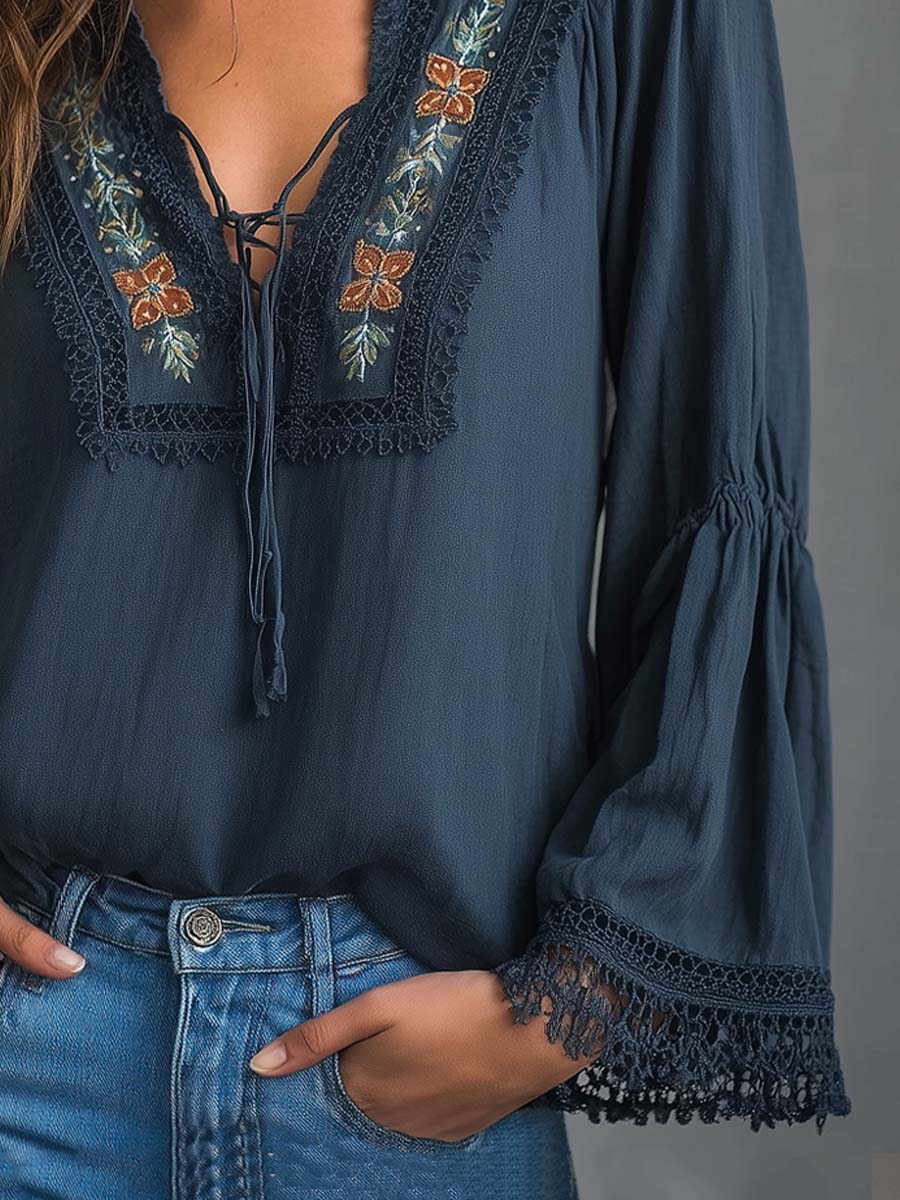 Vintage Embroidered Lace Trim Blouse
