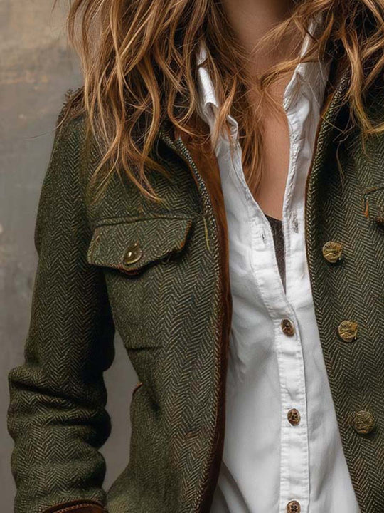 Vintage Herringbone Tweed Blazer With Velvet Trim