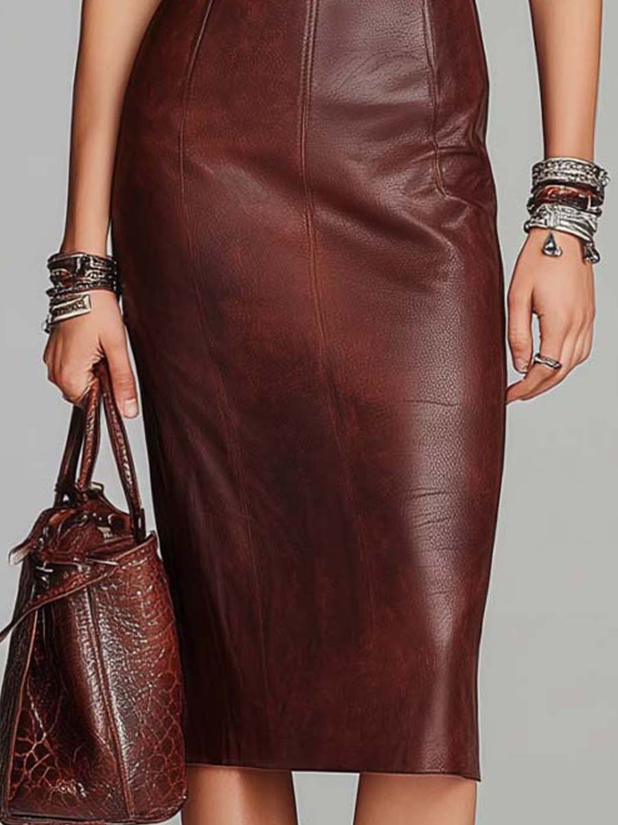 Sculpted Eco-Leather Keyhole Midi Dress – Spiced Apple