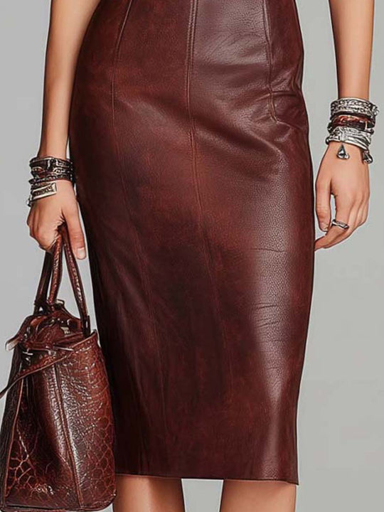 Sculpted Eco-Leather Keyhole Midi Dress – Spiced Apple