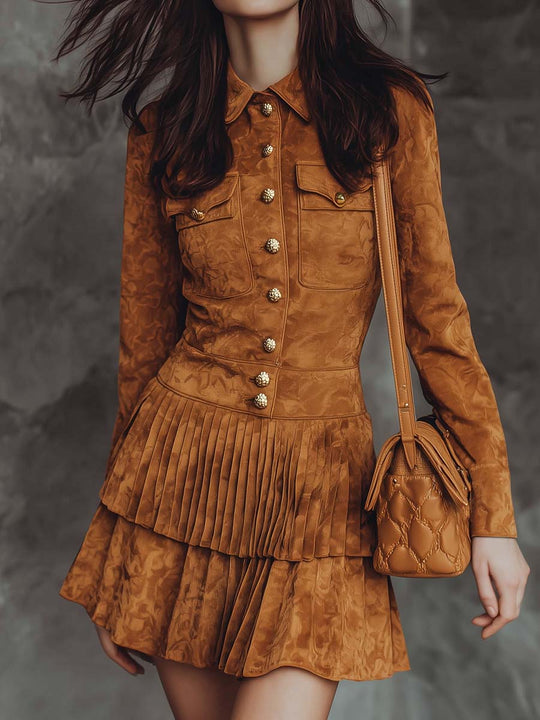 Vintage Button-down Pleated Hem Polyester Suede Mini Dress