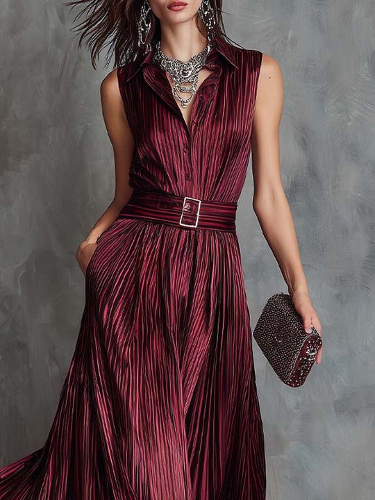 Vintage Glam Wine Pleated Belted Maxi Dress