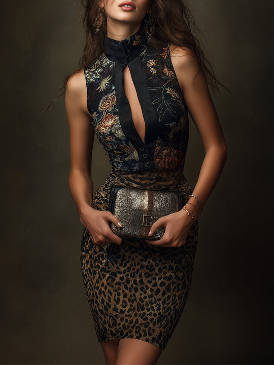 Retro Leopard Print Party Mini Dress With Keyhole Neckline