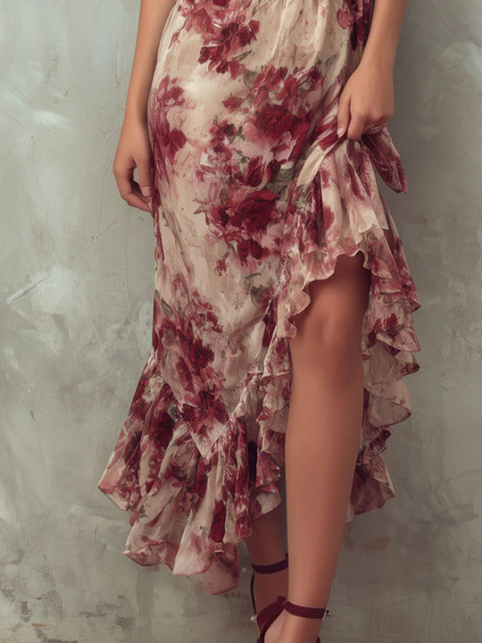 Boho Ruffled Floral Asymmetrical Hem Midi Dress