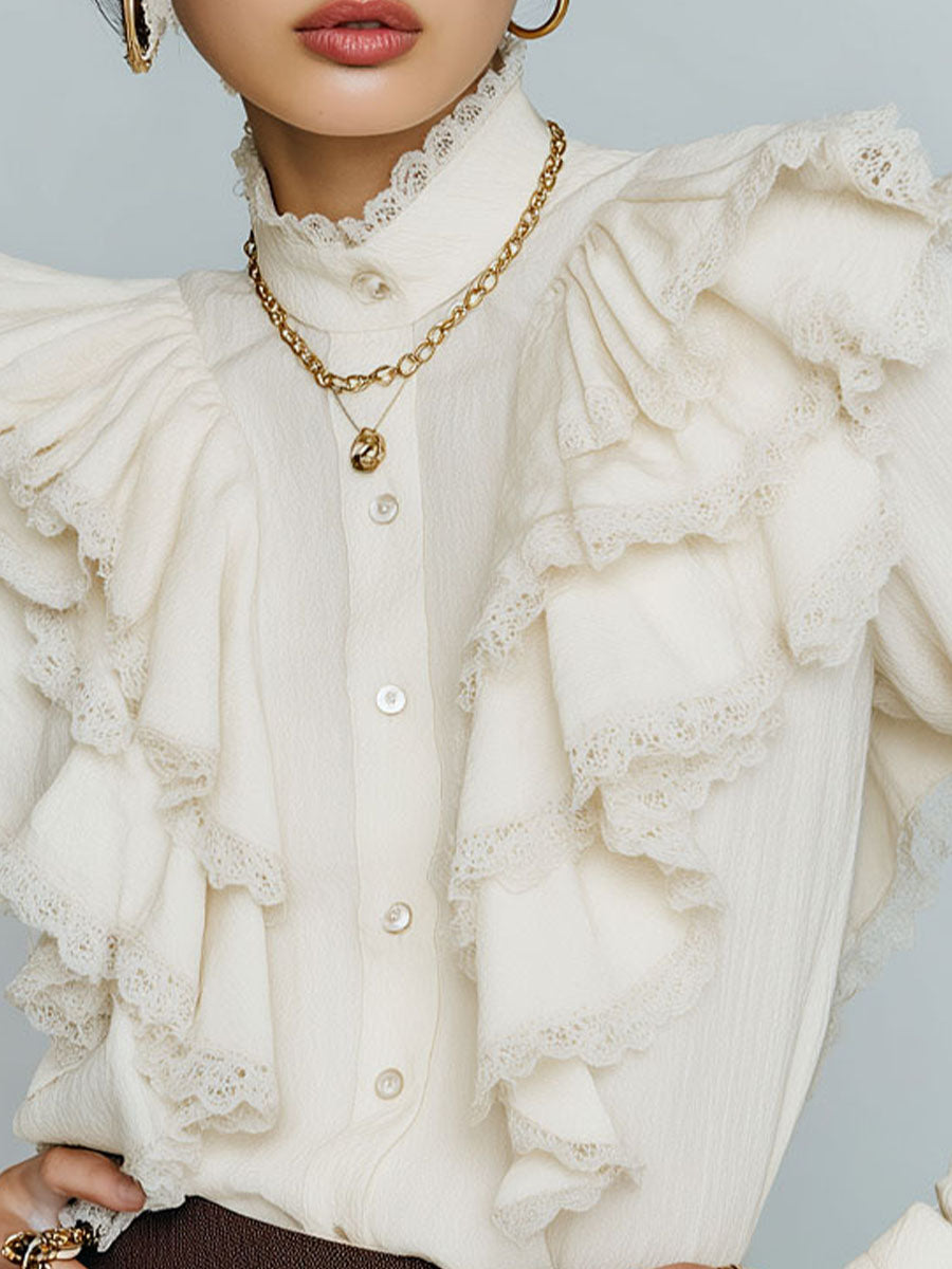 Romantic High-Neck Ivory Victorian Ruffle Lace Blouse