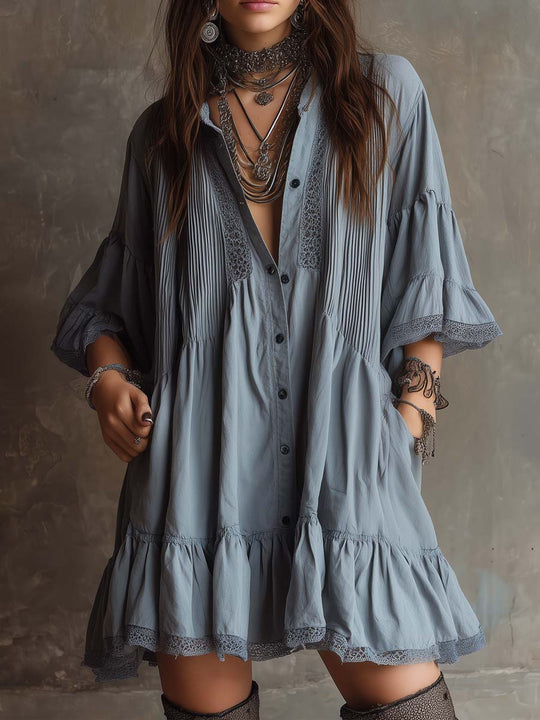 Retro Striped Lace Trim Short-sleeved Mini Dress