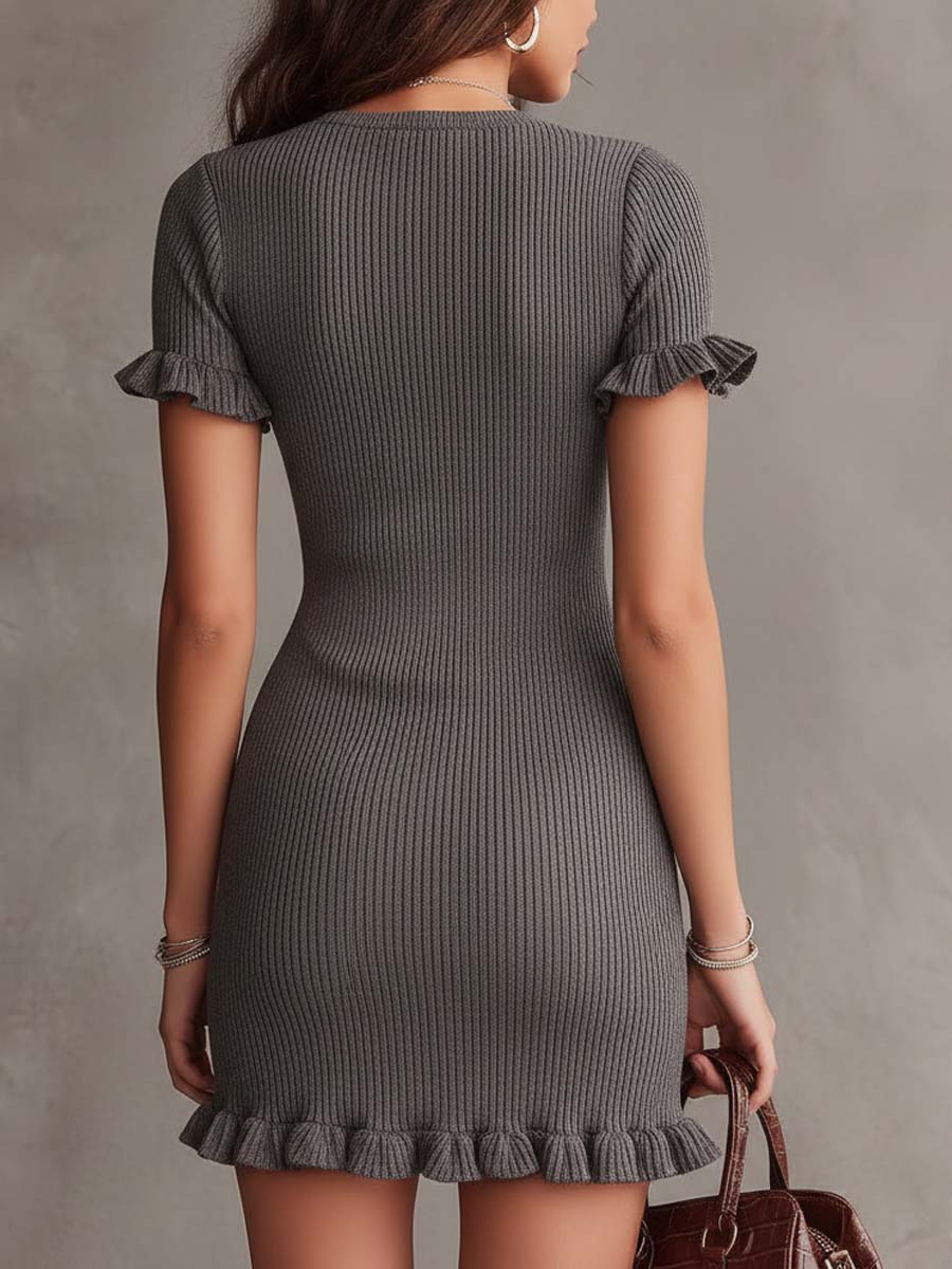 Vintage Ribbed Ruffle Button-Front Knit Dress