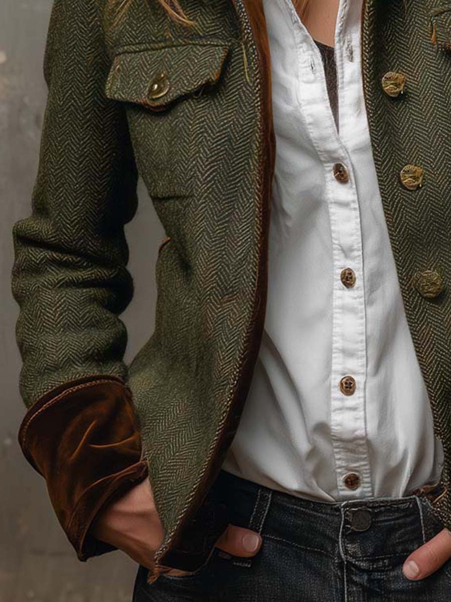 Vintage Herringbone Tweed Blazer With Velvet Trim