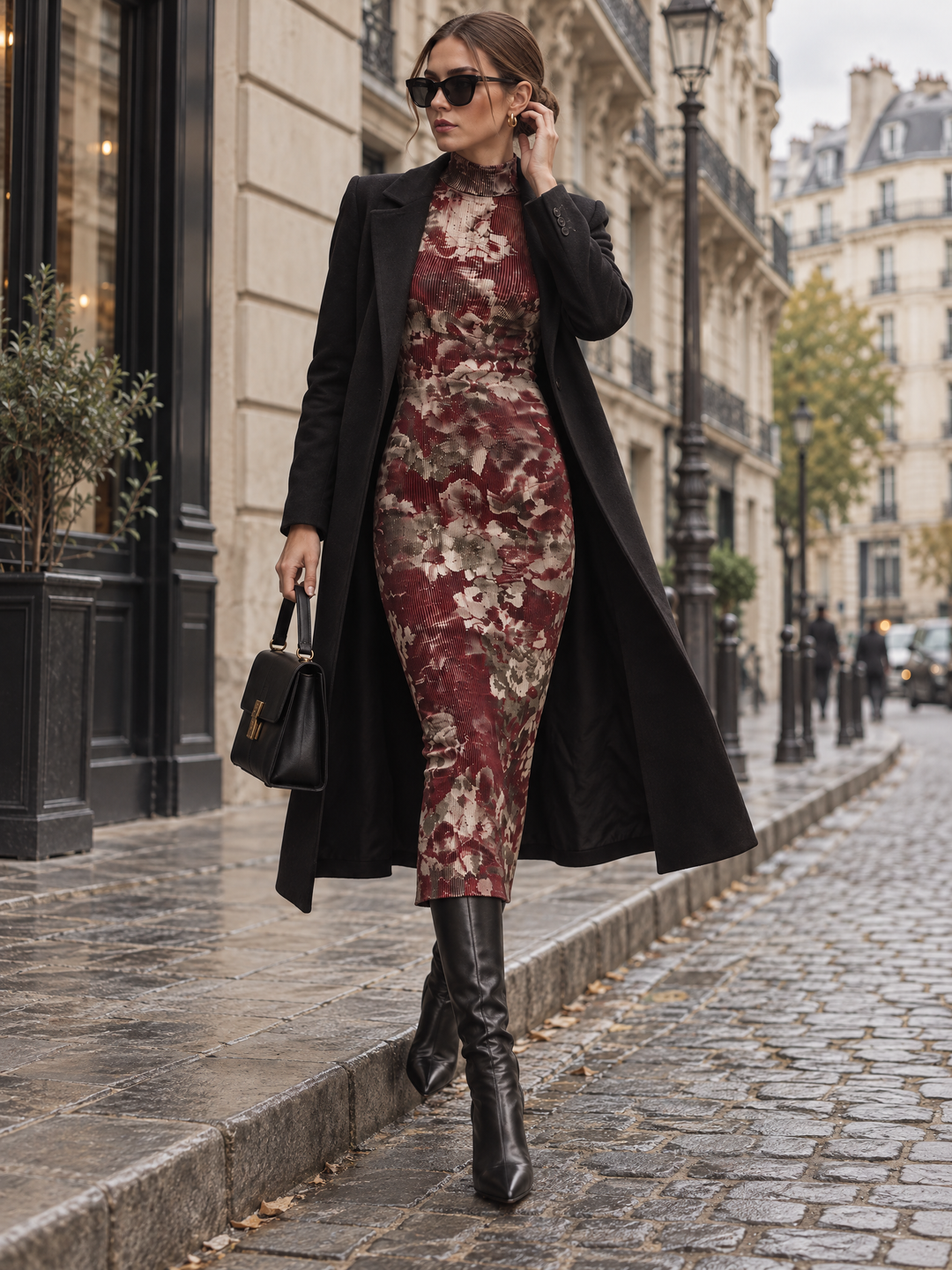 Retro Burgundy Floral Print Ribbed Turtleneck Long Sleeve Bodycon Midi Dress