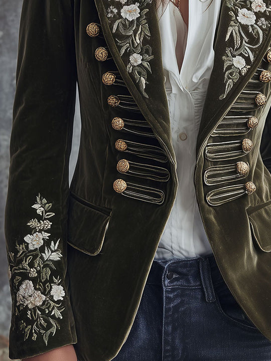 Vintage Olive Green Velvet Military Blazer With Floral Embroidery