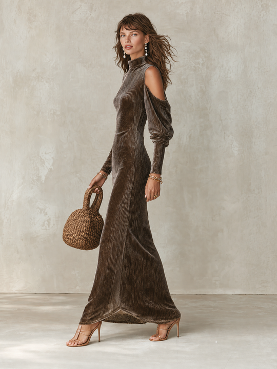 Boho-chic Mock Collar Cut-out Shoulders Slim-fit Maxi Dress