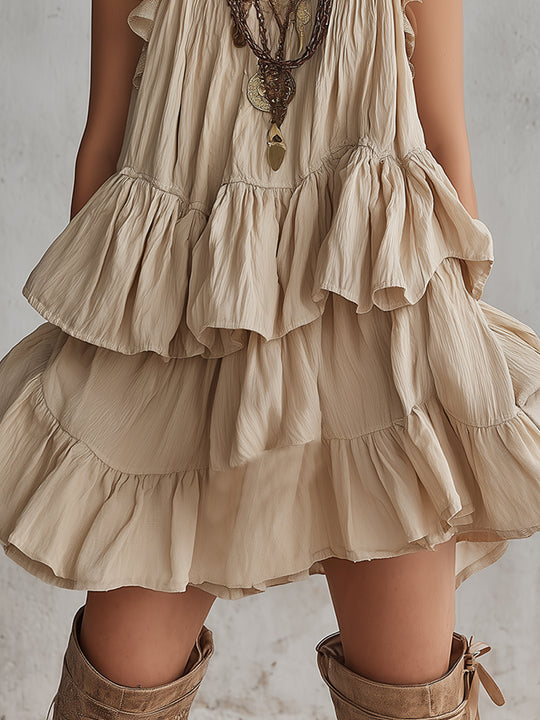 Bohemian Style Chiffon Patchwork Multi-layered Ruffle Mini Dress