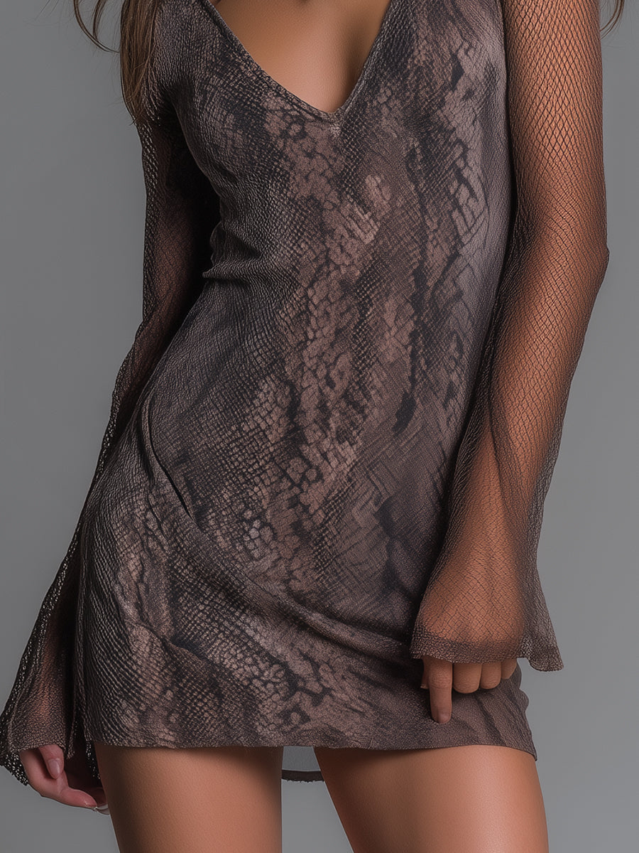 Bohemian Style Snake Print Mesh Panelled Mini Dress With Flared Sleeves