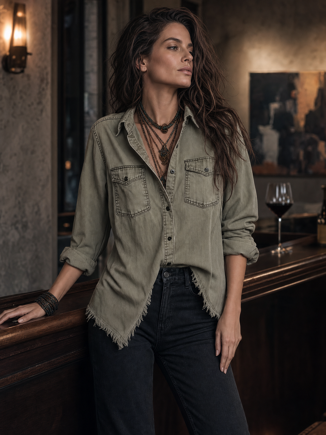 Vintage Pockets Long Sleeve Washed Blouse
