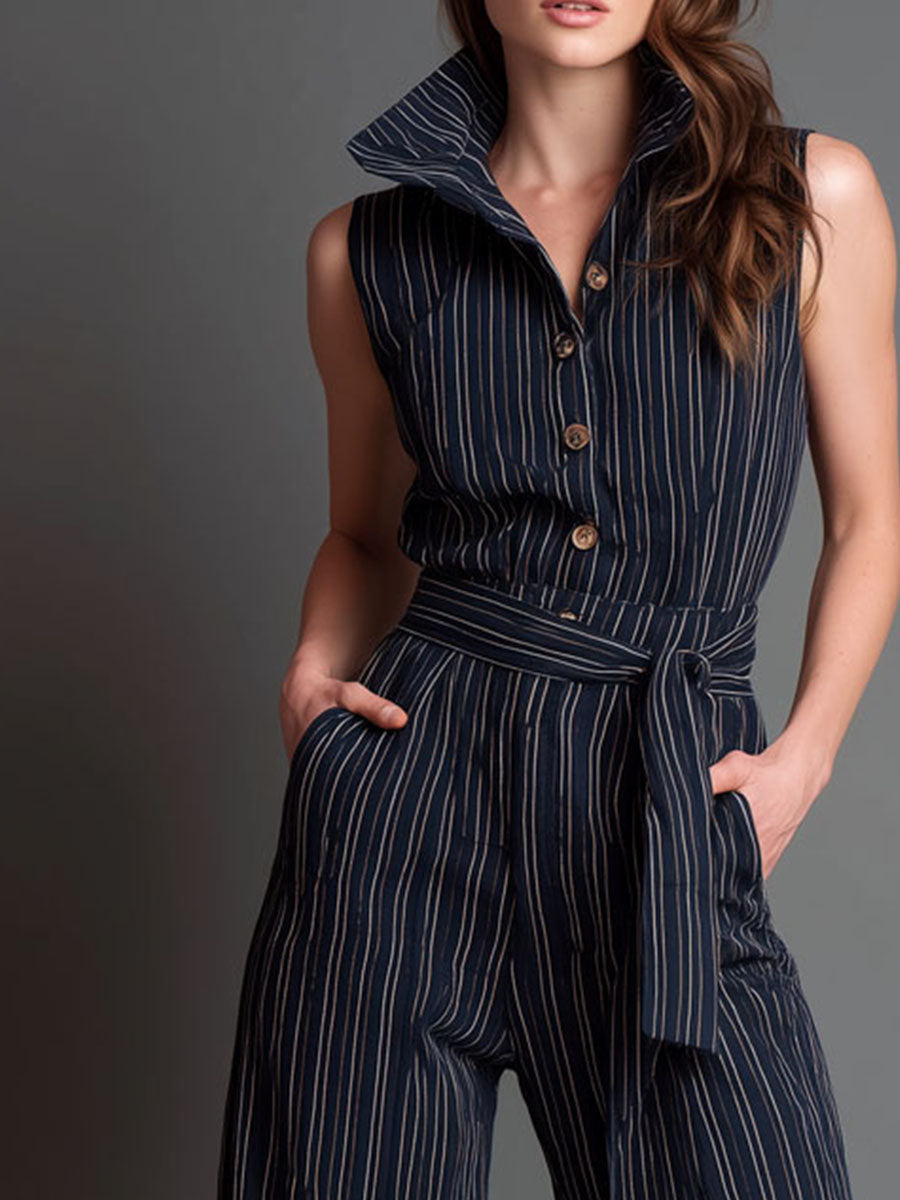 Retro Collared Navy Pinstripe Sleeveless Wide-Leg Jumpsuit
