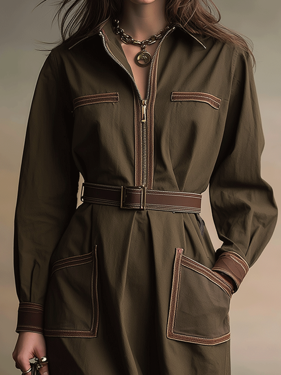 Olive Tailored Structured Zip-Front Utility Midi Dress