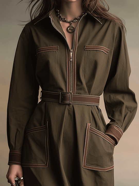 Olive Tailored Structured Zip-Front Utility Midi Dress