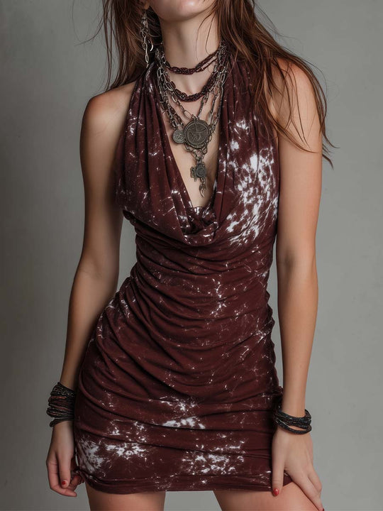 Boho Tie-Dye Print Ruched Halter Dress