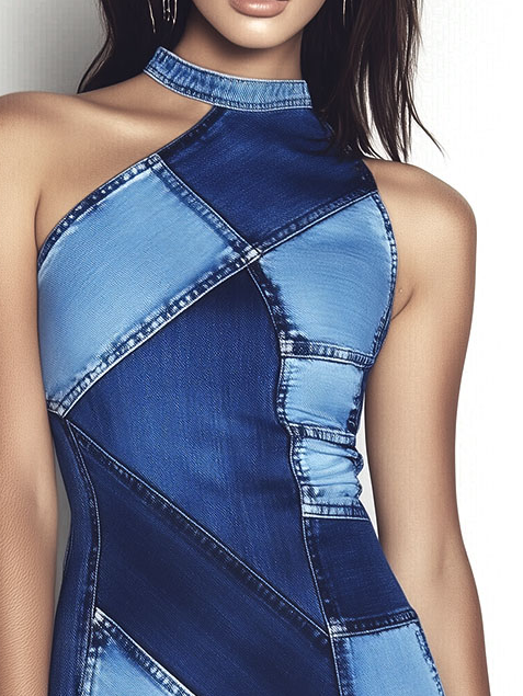 Chic Asymmetrical Neck Denim Patchwork Print Pencil Dress