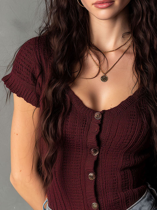 Classic Burgundy Button Front Ribbed Knit Slim Fit Top