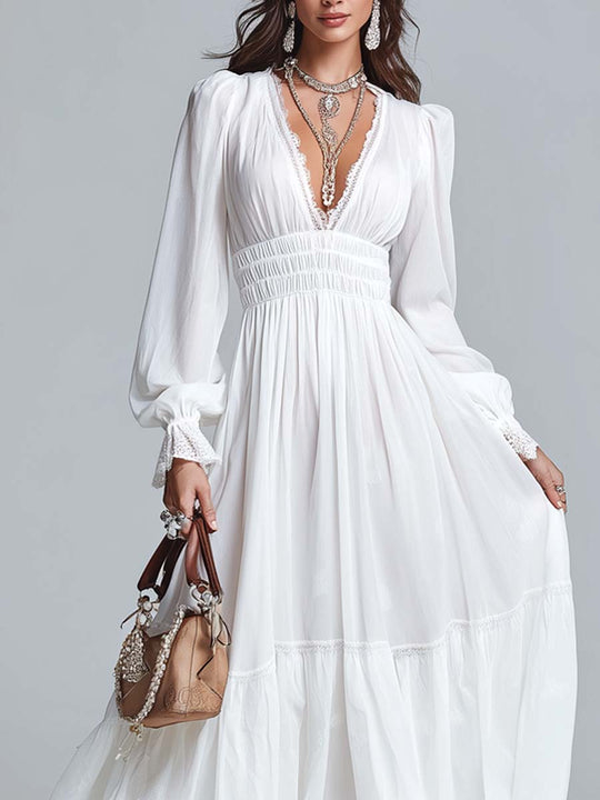 Retro Lace Trim Fitted Waist Midi Dress