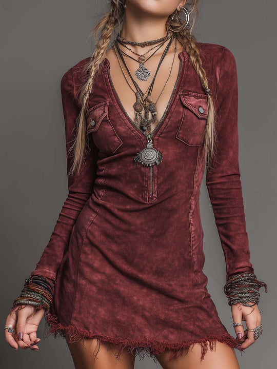 Vintage Distressed Frayed Denim Mini Dress