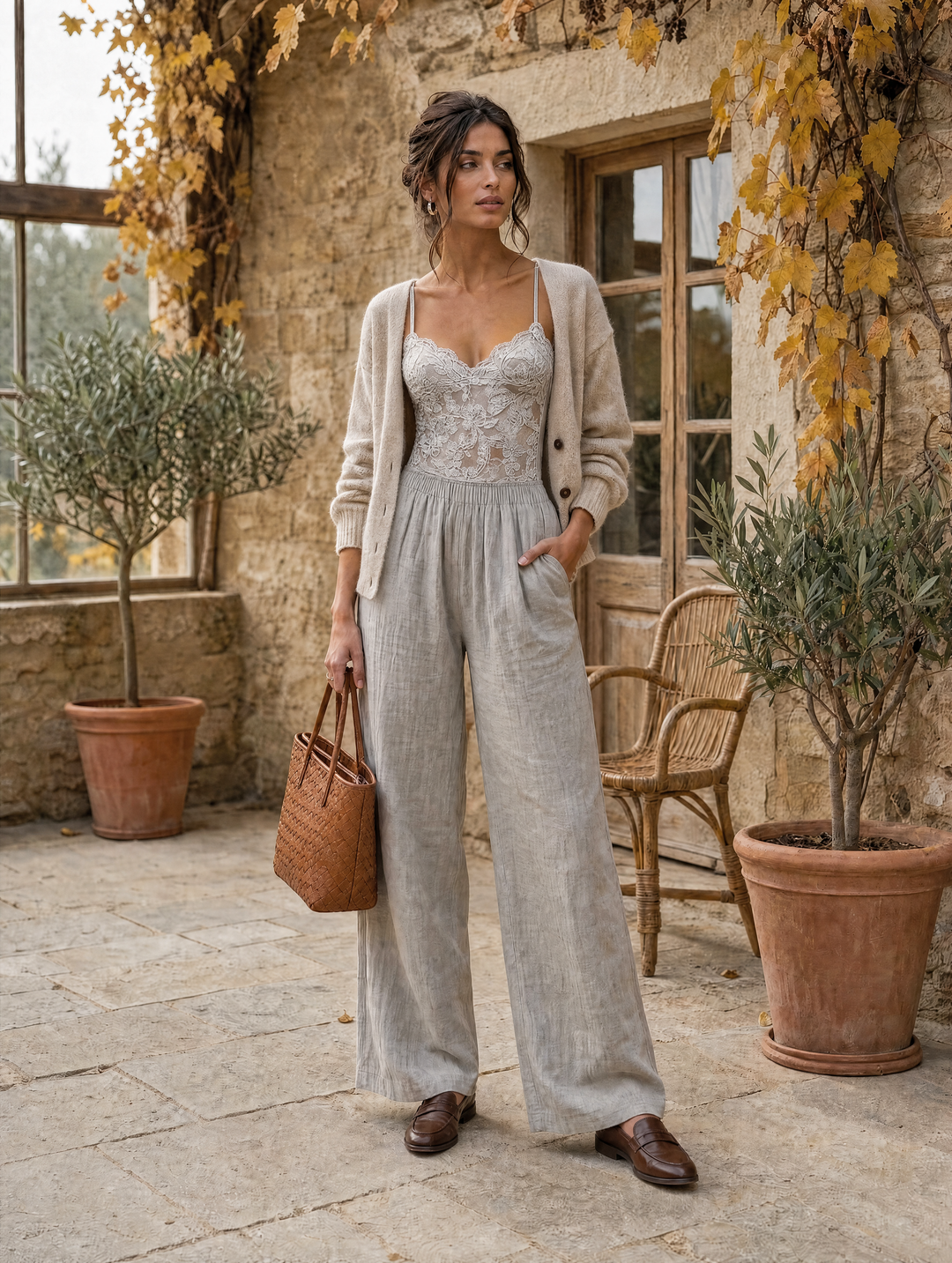 Bohemian Light Grey Lace And Crinkle Cotton Wide-Leg Jumpsuit