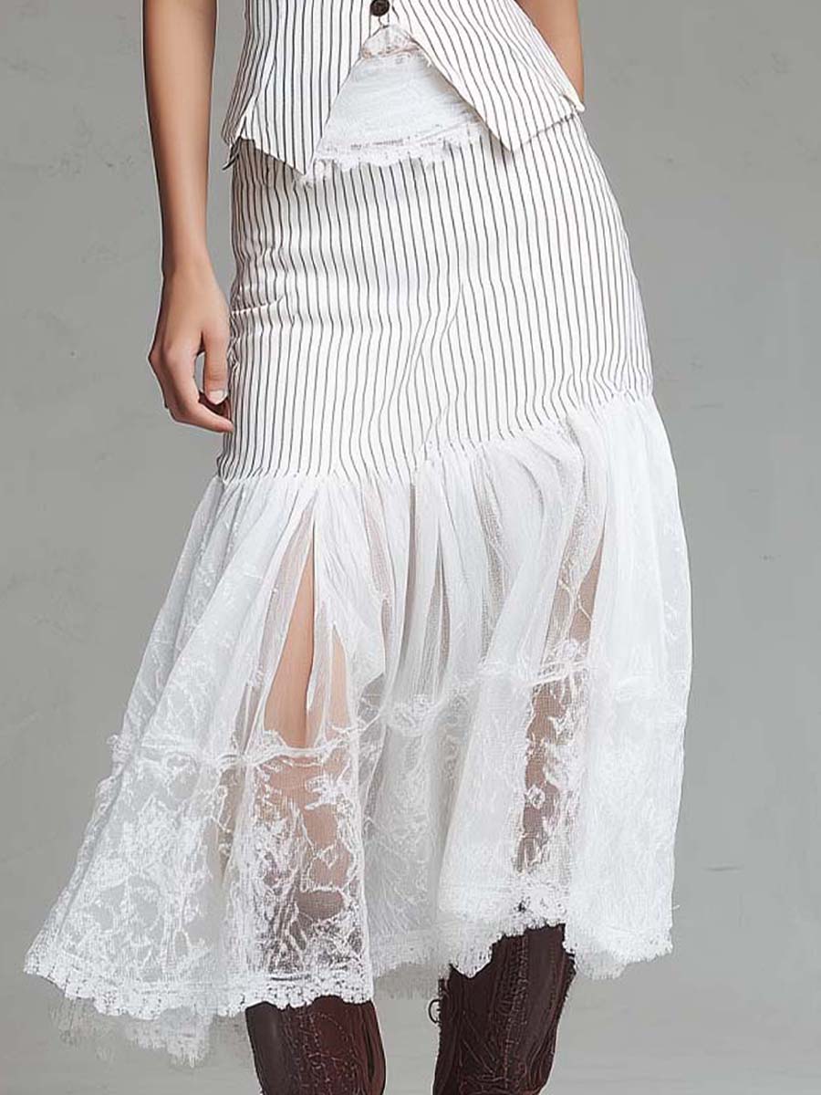Classic Pinstripe Lace-Panel Vest & Midi Skirt Set