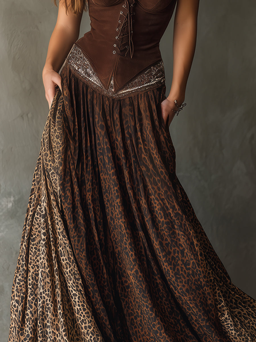 Bohemian Leopard Print Pleated Patchwork Long Maxi Skirt