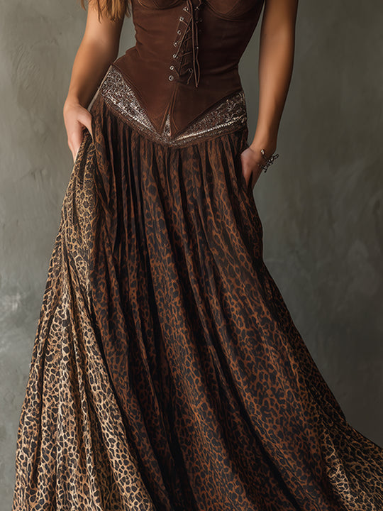 Bohemian Leopard Print Pleated Patchwork Long Maxi Skirt