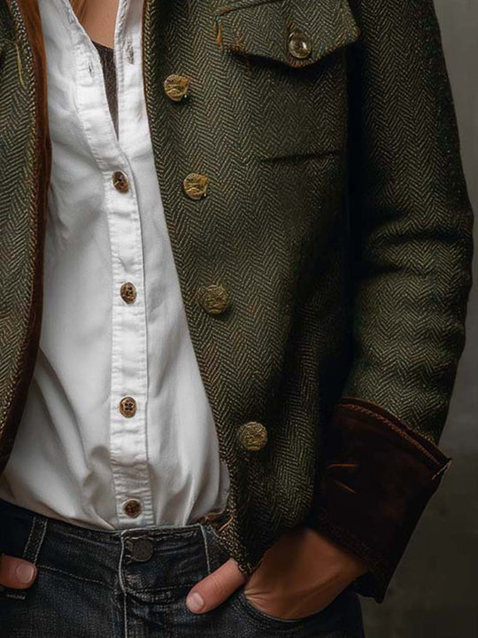 Vintage Herringbone Tweed Blazer With Velvet Trim