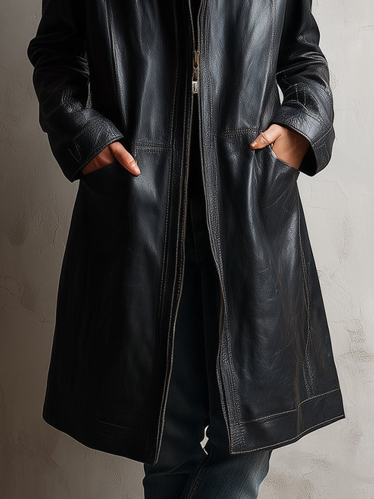 Bohemian Zip-front Eco-leather Midi Jacket