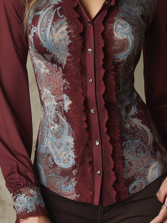 Retro Paisley Pattern Satin Lace Stitching Slim Fit Blouse