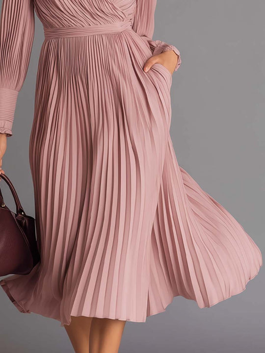 Retro Pleated Crossover V-neck Midi Dress