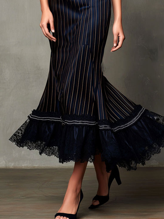 Retro Elegant Navy Pinstripe Mermaid Midi Dress With Lace Trim