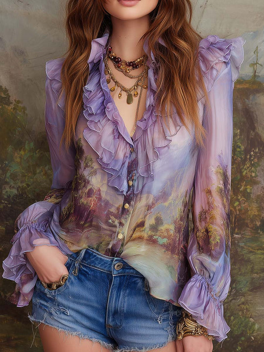 Retro Style Pastel Floral Ruffled Blouse