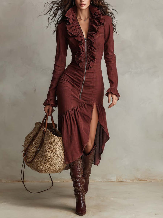 Vintage Ruffle Zip-Front Asymmetric Midi Dress