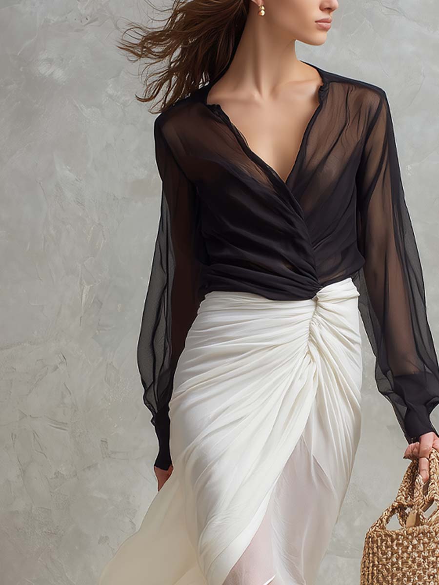 Vintage And Elegant Contrast Color Chiffon Two-piece Set