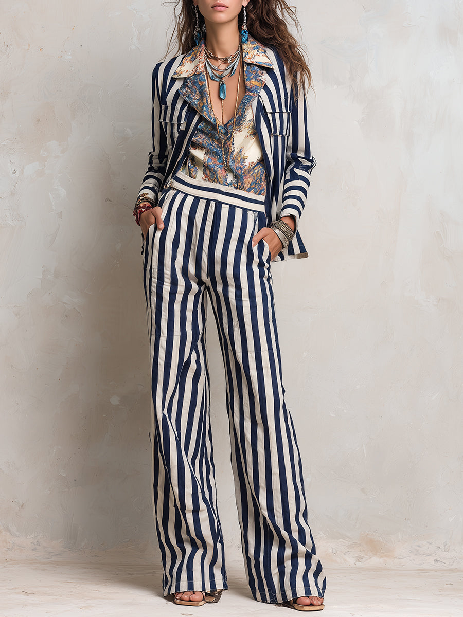 Retro Loose-fitting Cotton And Linen Striped Blouse