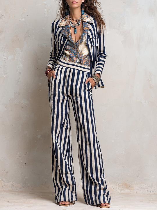 Retro Loose-fitting Cotton And Linen Striped Blouse